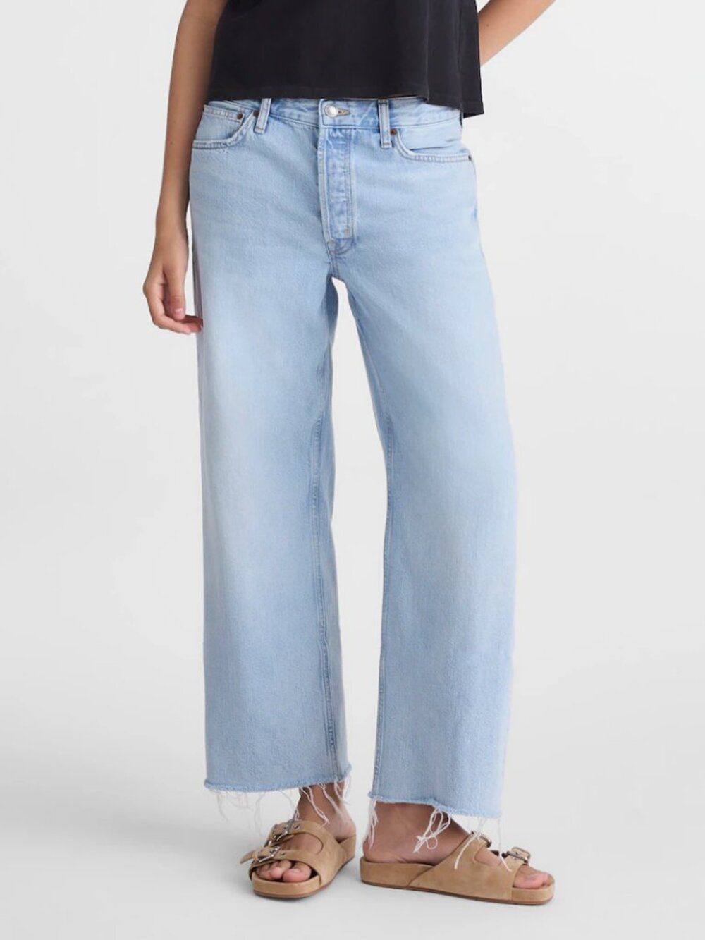 Madewell Low Slung Baggy Wide Leg Crop Button Fly Jeans Raw Hem Size 28 NWT